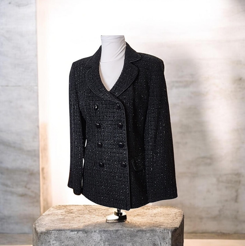 Vintage Ann Taylor Luxury Military Blazer Metallic Black Glen Plaid Silver
